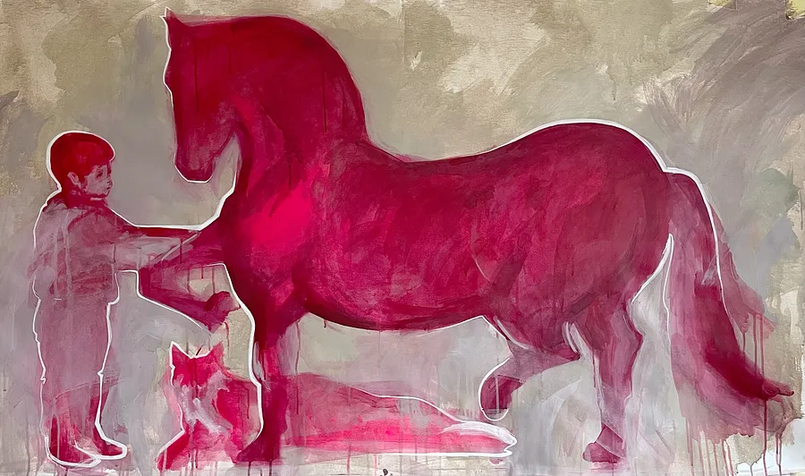 Зображення ""The boy, the Pink horse, and the fox"" від Lesia Mykhniuk (LÉ), розмір: 100x130, матеріали: acrylic on canvas , медіум: Живопис, місто: Ivano-Frankivsk,Ukraine, серія: "Так формується любов"